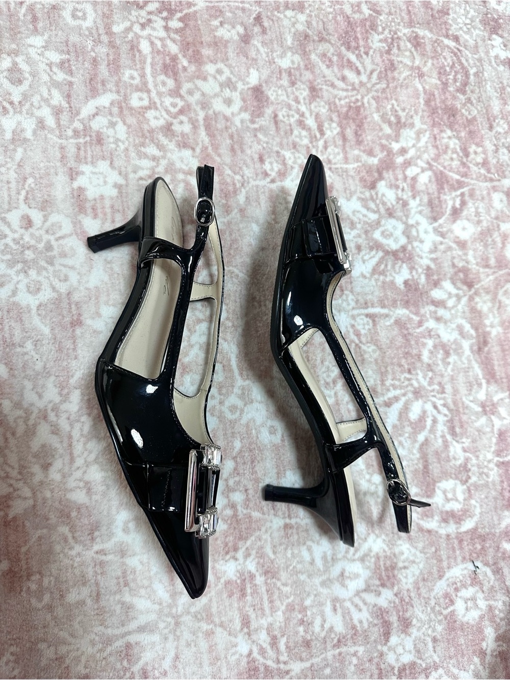 NEW 🖤 Crystal Buckle Patent Leather Slingback Pointed Heels - Picture 3 of 9